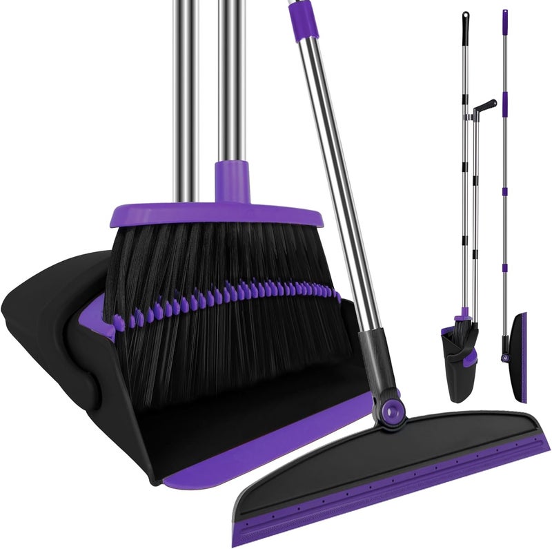 UDUK Broom with Dustpan Combo Set and Silicone Air Broom Kit, 51" Long Handle Floor Squeegee, Purple Household Kit for Glass Window Rugs Pet Hair Home - Image 1